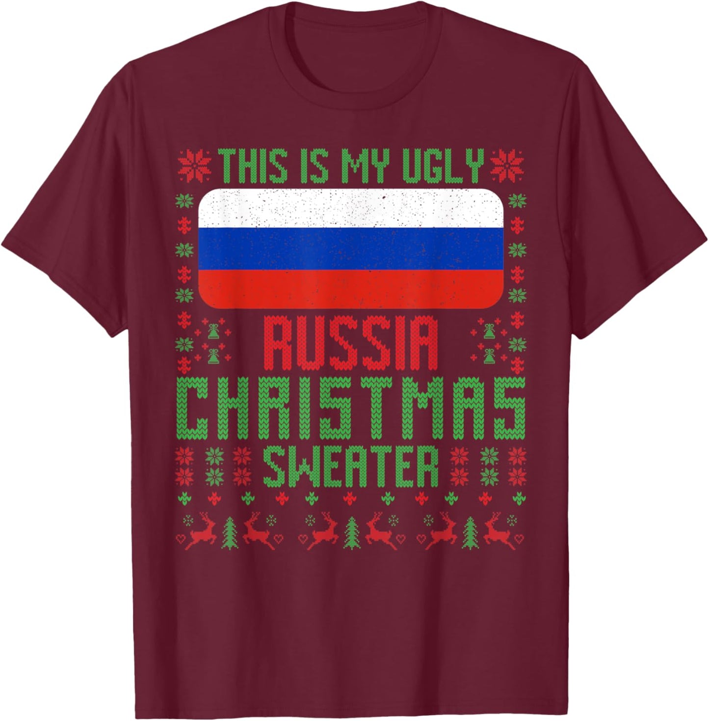 Russia Ugly Christmas Sweater Russia Flag for Russian T-Shirt - T-Shirt | Maroon