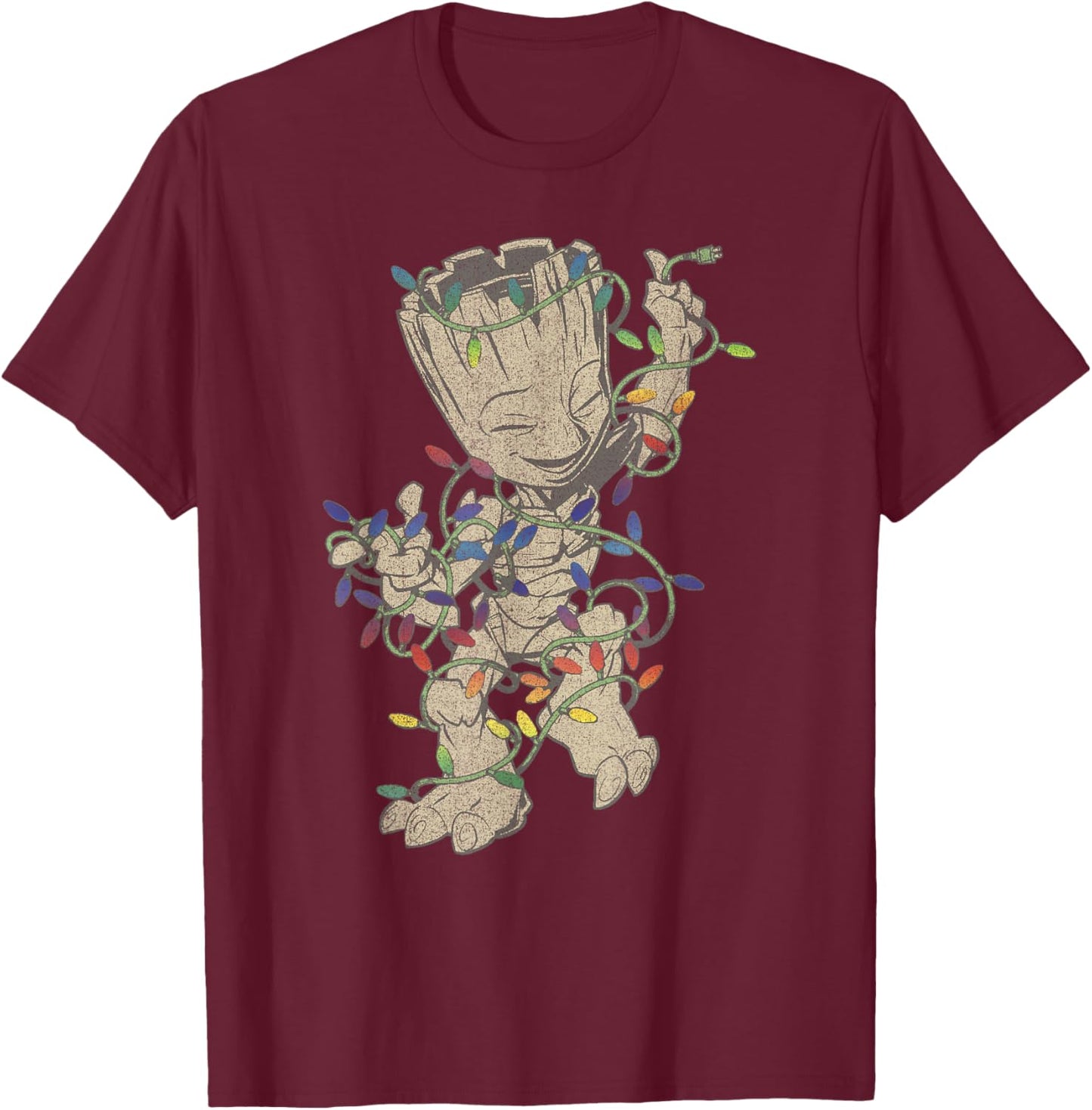 Marvel Guardians of The Galaxy Groot Christmas Lights T-Shirt - T-Shirt | Maroon