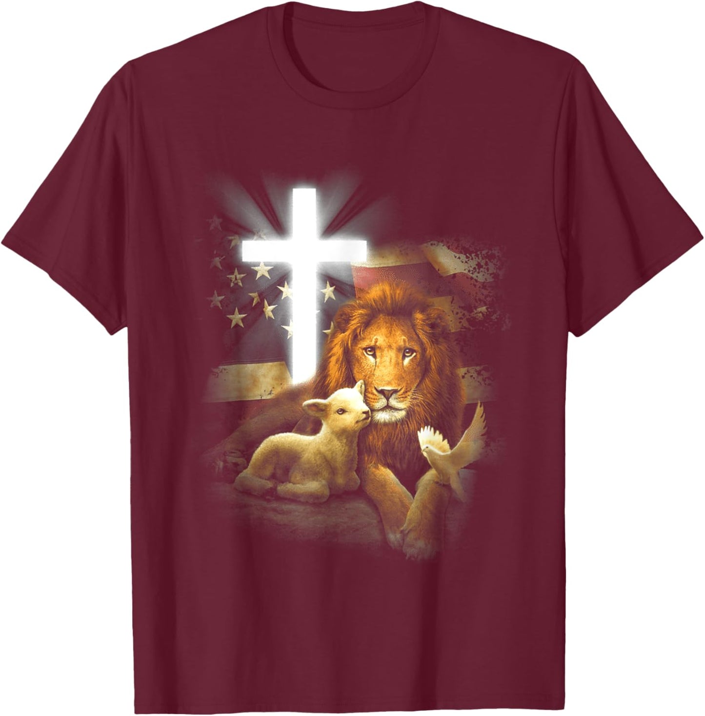 Lion And Lamb Cross Jesus Christ T-Shirt - T-Shirt | Maroon