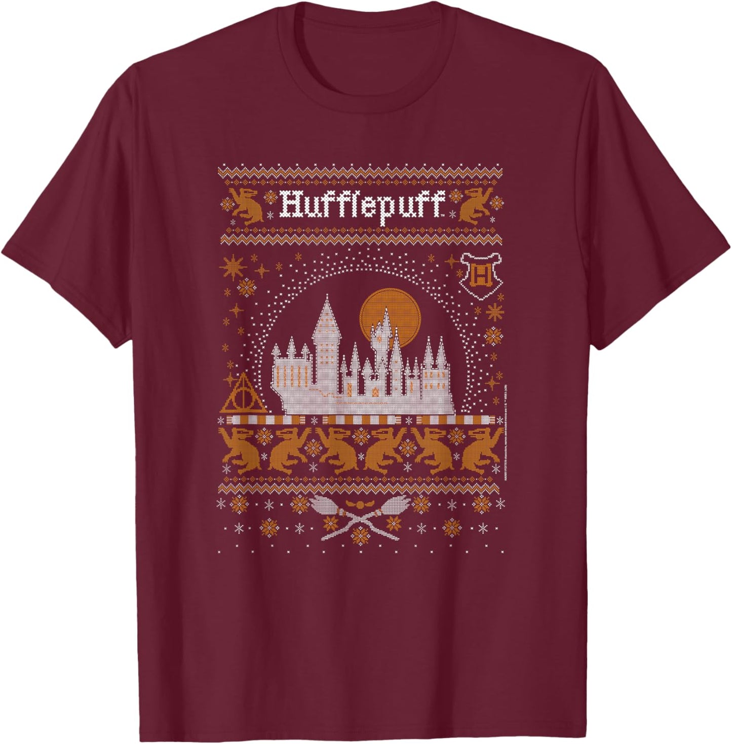 Harry Potter Hufflepuff Ugly Christmas Sweater Pattern T-Shirt - T-Shirt | Maroon