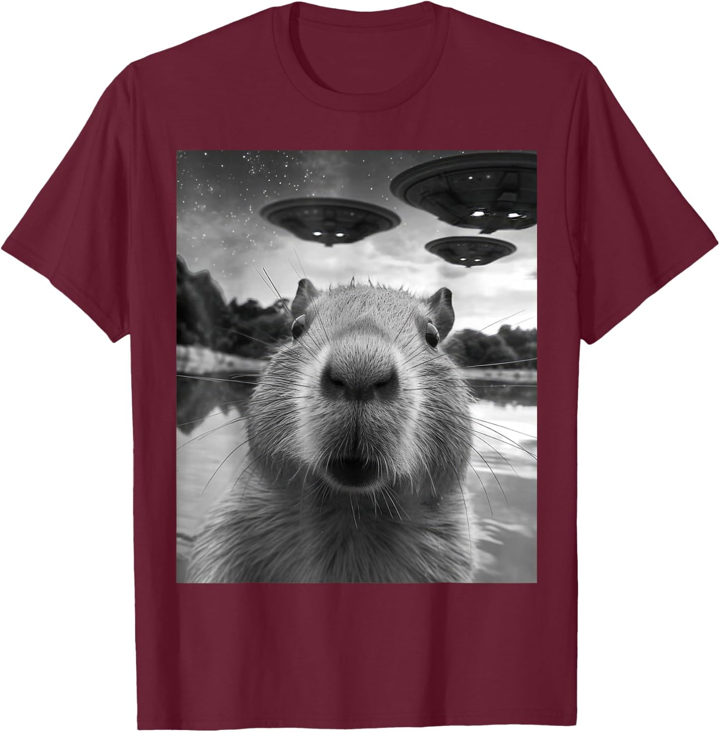 Capybara Selfie with UFOs Weird T-Shirt - T-Shirt | Maroon