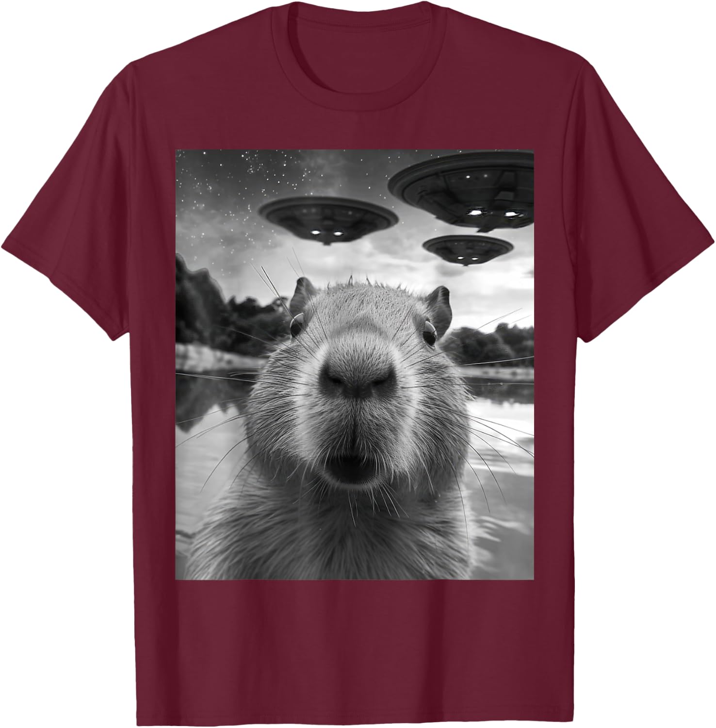 Capybara Selfie with UFOs Weird T-Shirt - T-Shirt | Maroon