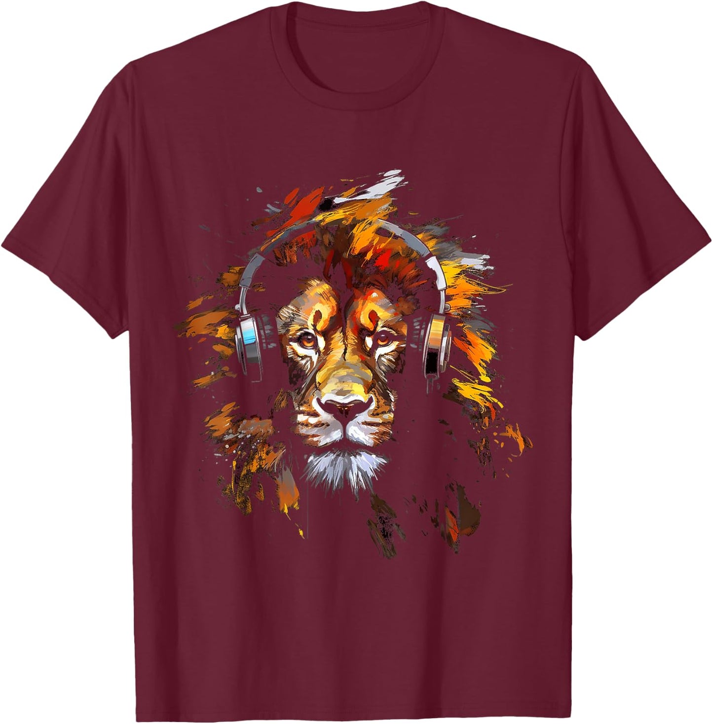 Lion Headphones Animal Motif Music Artwork Lion T-Shirt - T-Shirt | Maroon
