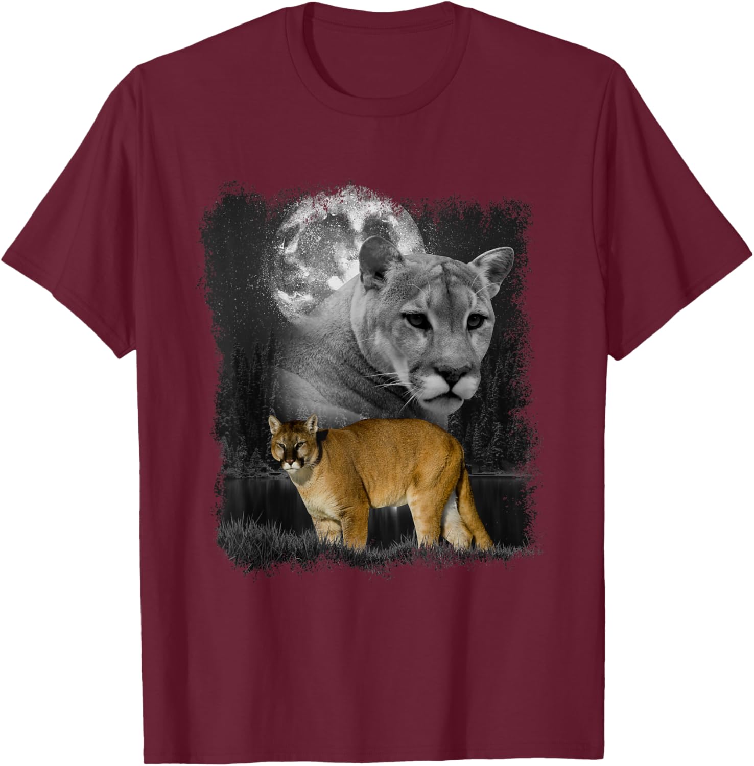 Puma Illustration Moon Puma Lover Mountain Lion T-Shirt - T-Shirt | Maroon