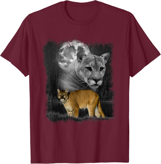 Puma Illustration Moon Puma Lover Mountain Lion T-Shirt - T-Shirt | Maroon