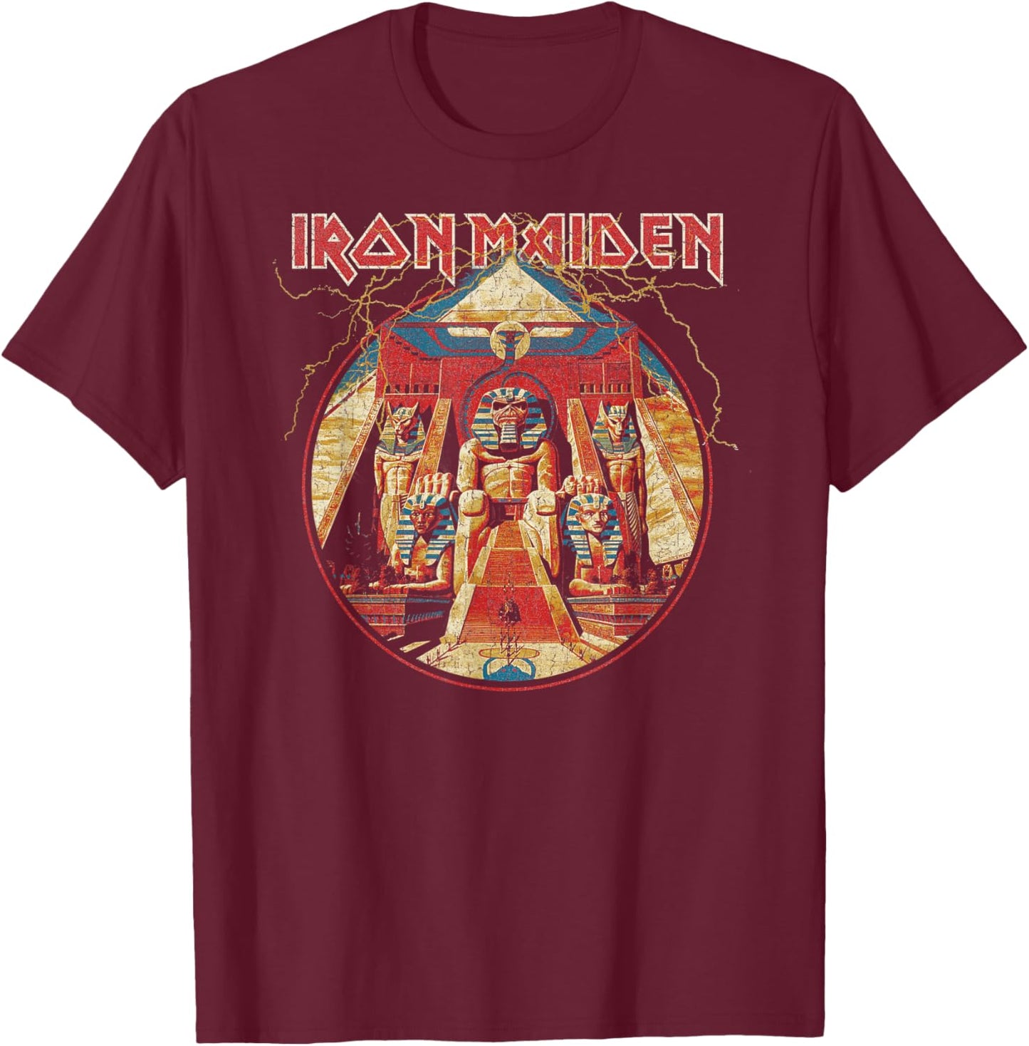Iron Maiden Powerslave Lightning Circle T-Shirt - T-Shirt | Maroon
