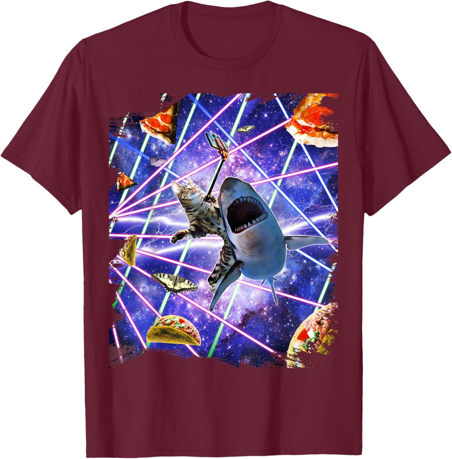 Selfie Cat Riding Shark, Space Rave, Pizza Taco Butterfly T-Shirt - T-Shirt | Maroon
