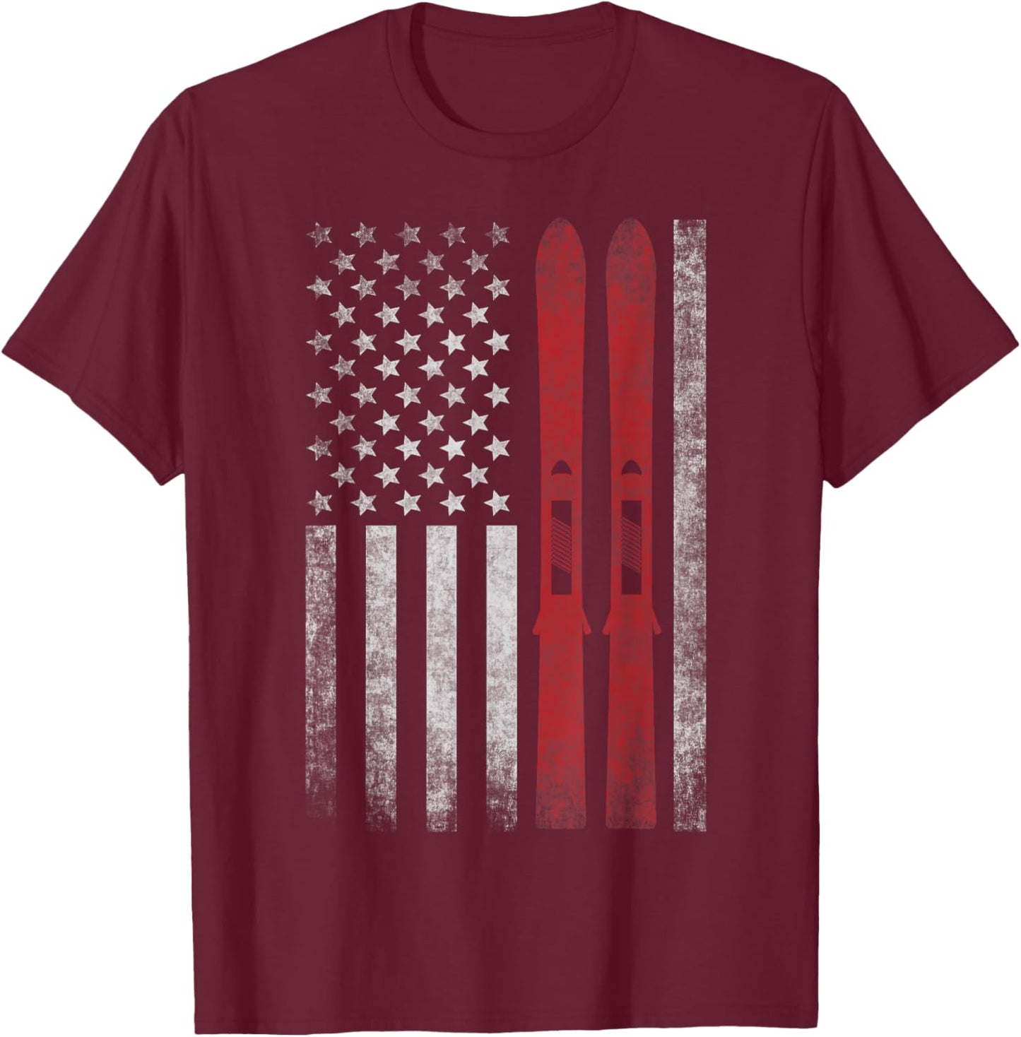 American Flag & Skis. Skiing Winter Sports for US Skiers. T-Shirt - T-Shirt | Maroon