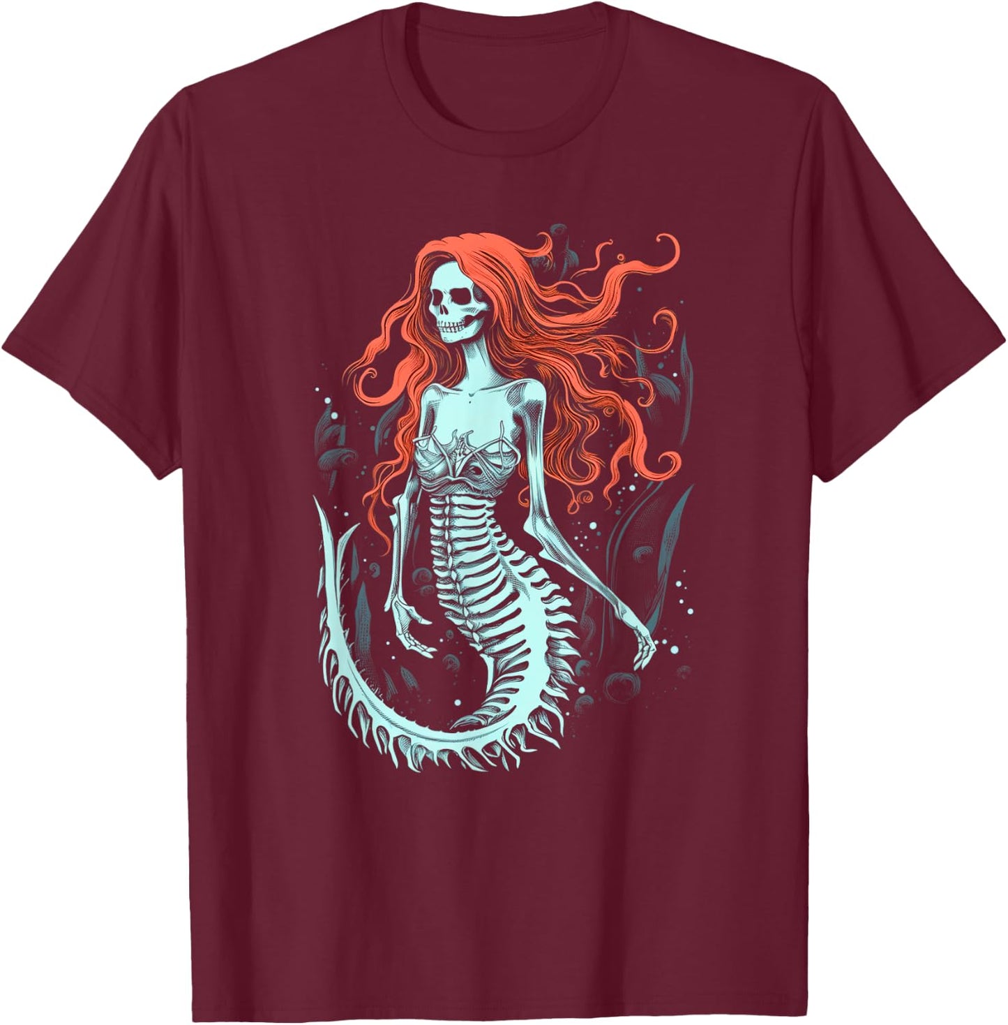 Zombie Mermaid Scary Costume Skeleton Fantasy Spooky Party T-Shirt - T-Shirt | Maroon