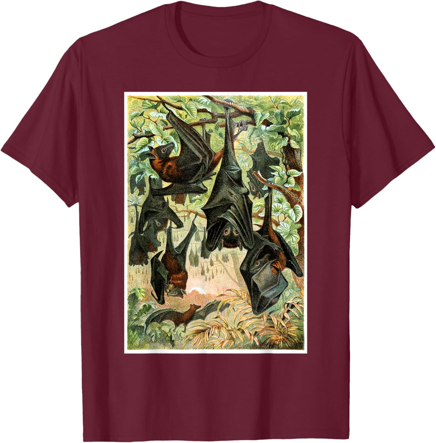Flying Foxes Bats Hanging Bat Vintage Animal Illustration T-Shirt - T-Shirt | Maroon