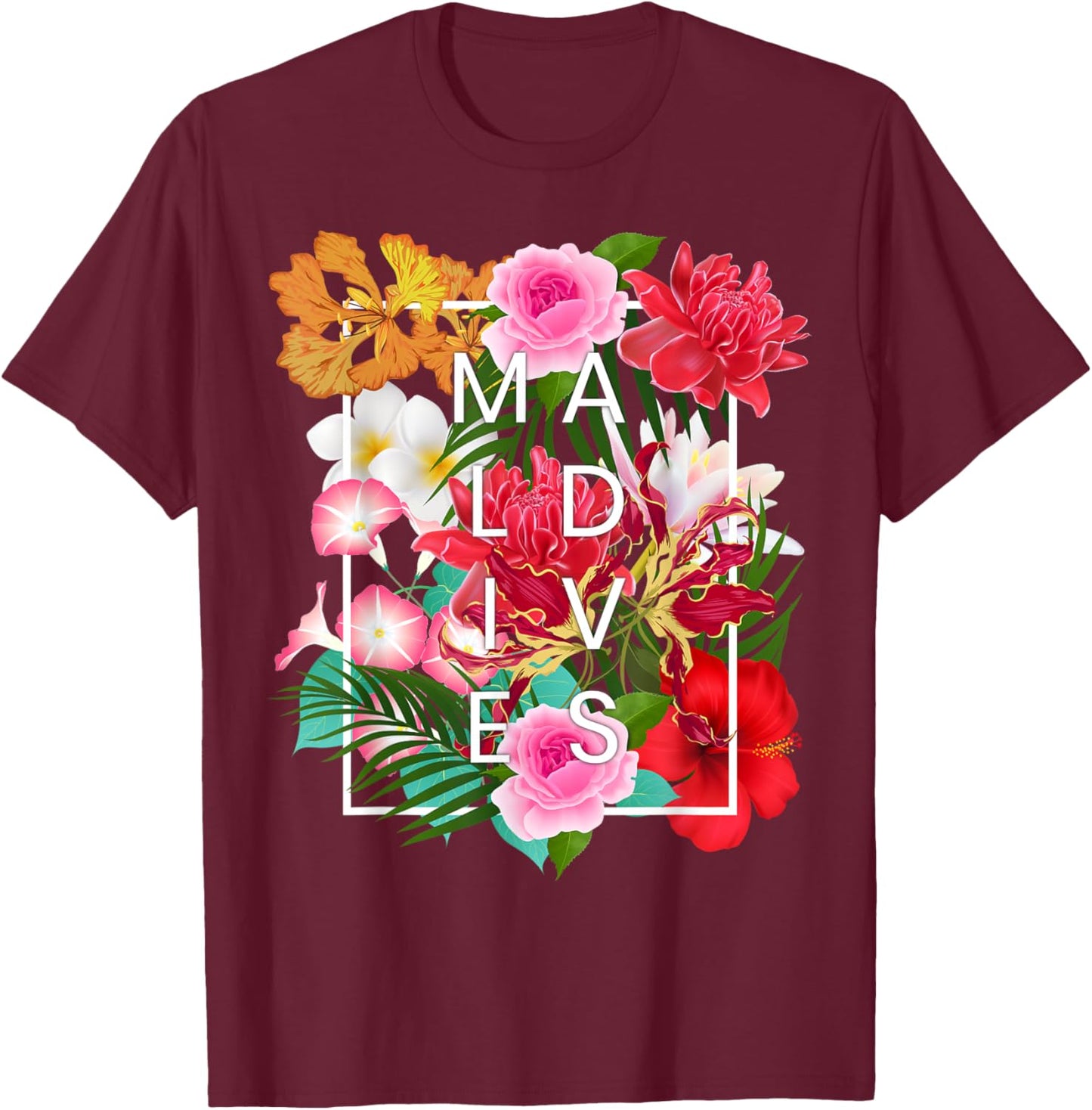 Flowers of Maldives Word Art - Maldives Vacation Souvenir T-Shirt - T-Shirt | Maroon