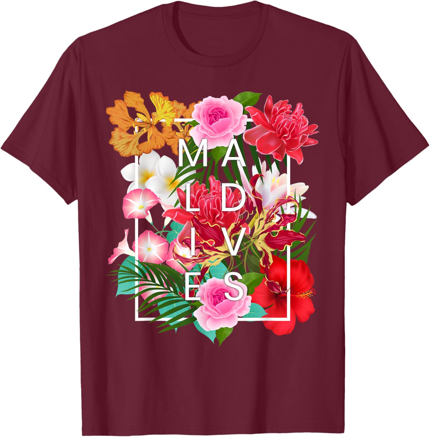 Flowers of Maldives Word Art - Maldives Vacation Souvenir T-Shirt - T-Shirt | Maroon
