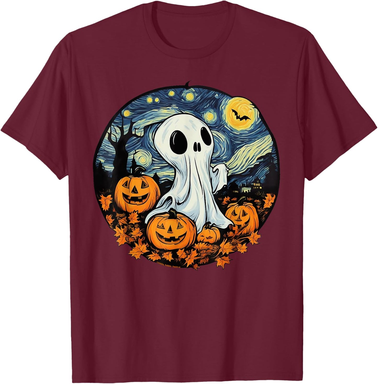 Fun and Spooky Impressionist Starry Night Ghost Halloween T-Shirt - T-Shirt | Maroon