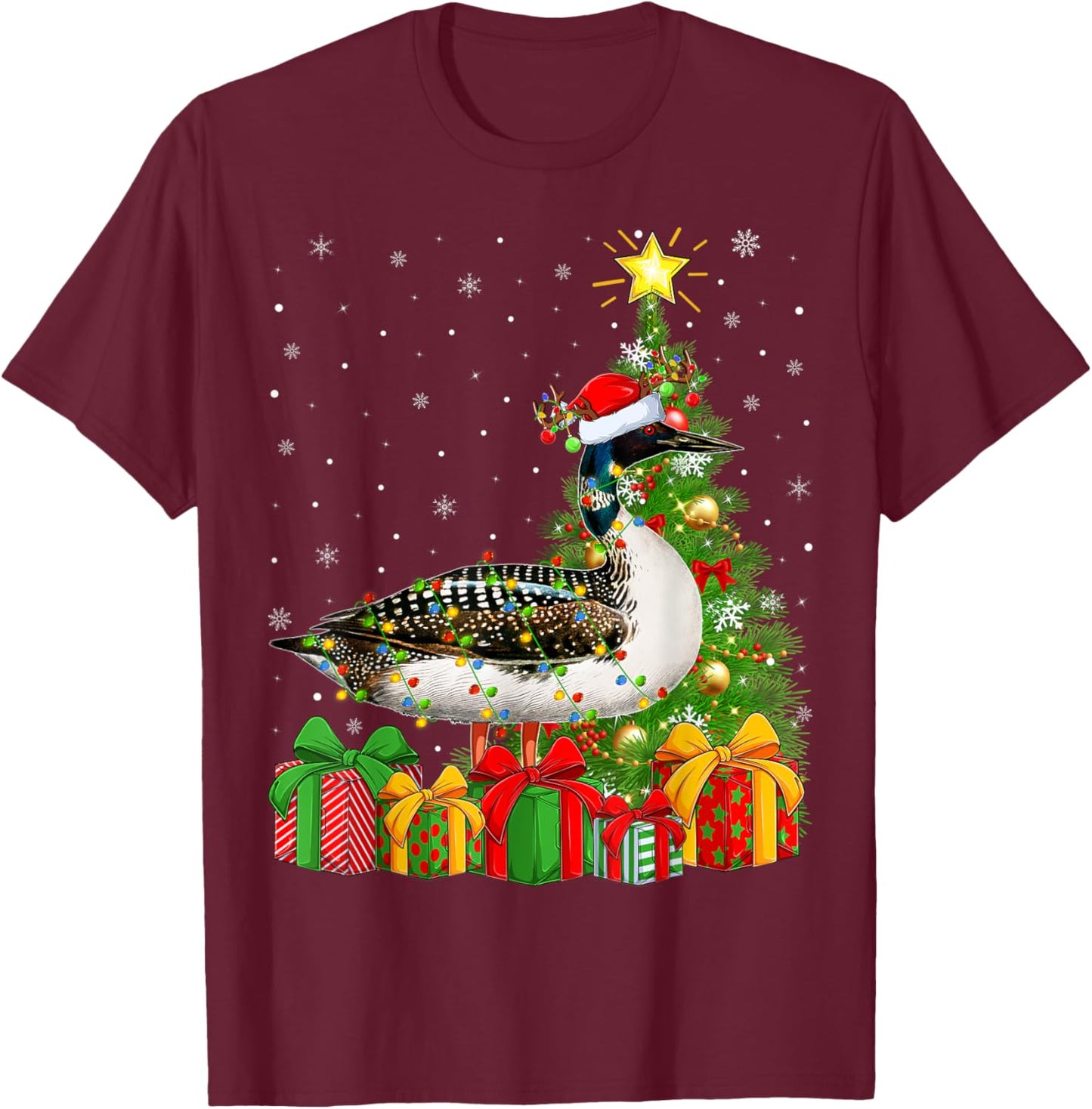Loon Lighting Xmas Tree Santa Hat Loon Christmas T-Shirt - T-Shirt | Maroon