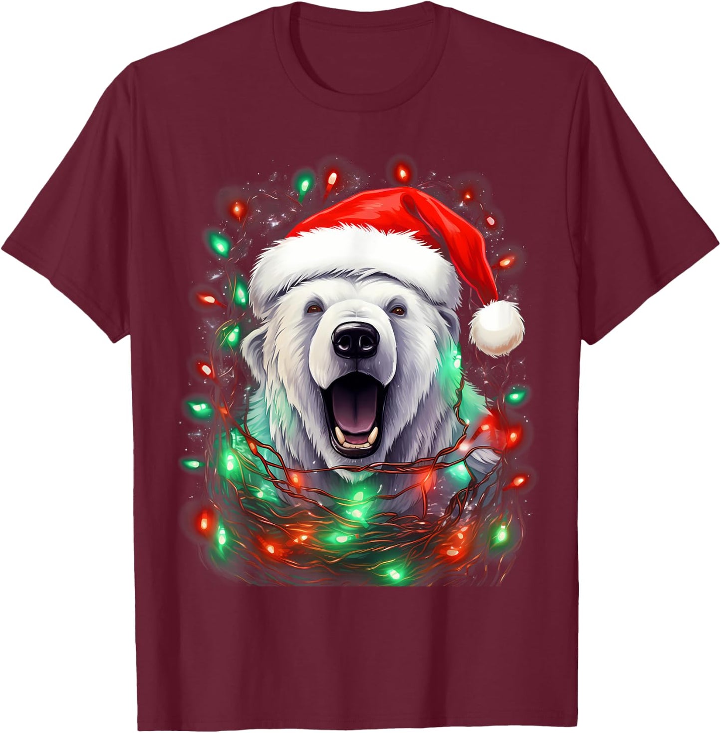Xmas Polar Bear Tangled Christmas Lights T-Shirt - T-Shirt | Maroon