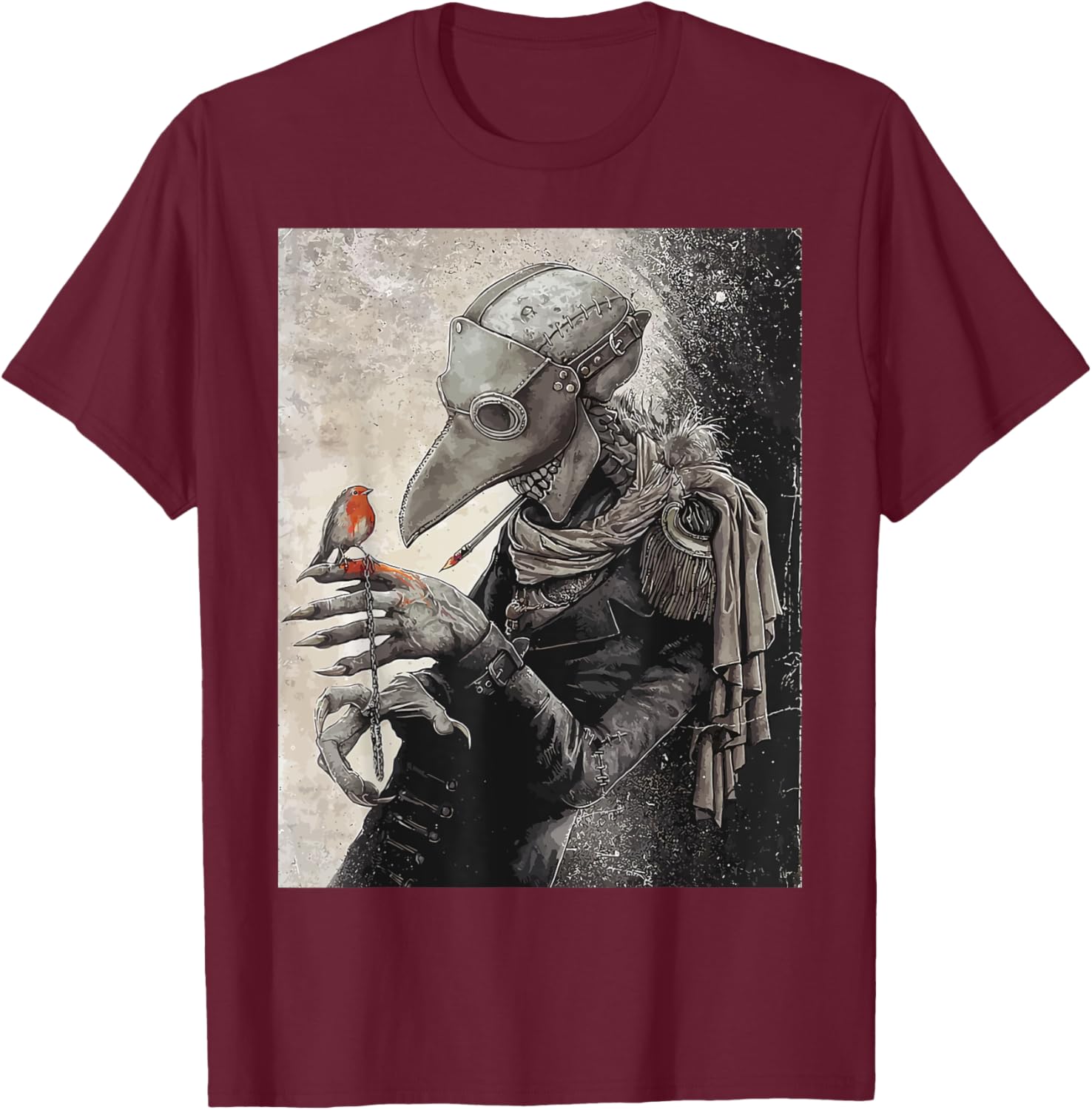 plague Doctor with little Bird Scary Grunge Goth Gothic T-Shirt - T-Shirt | Maroon