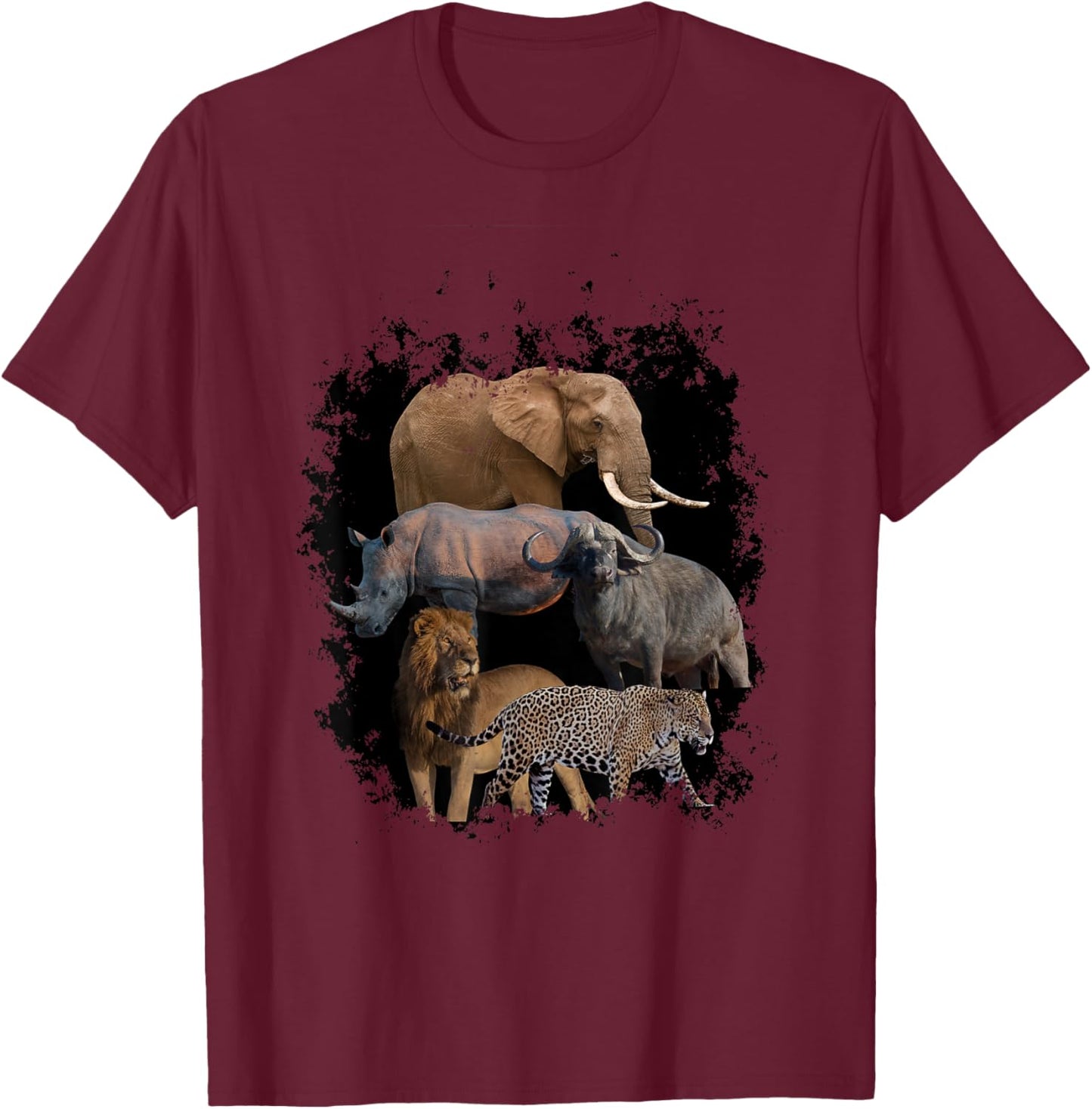 Five Animalsilhouettes Big African Animals Savannahs Designs T-Shirt - T-Shirt | Maroon