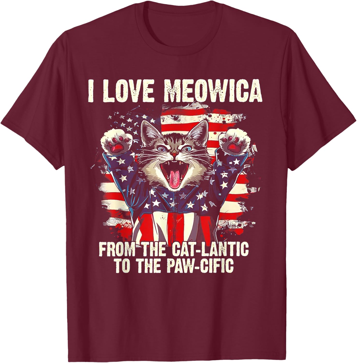 I Love Meowica From The Cat-lantic To The Paw Cific T-Shirt - T-Shirt | Maroon