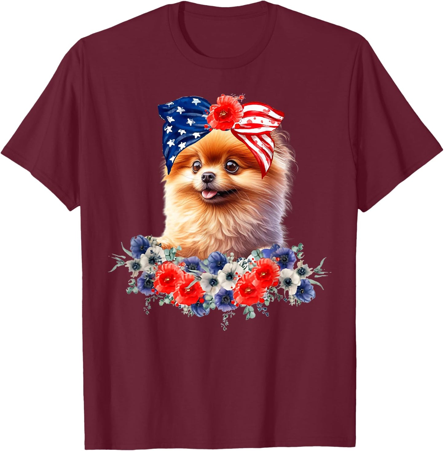 Pomeranian Dog Bandana American Flag 4th Of July T-Shirt - T-Shirt | Maroon