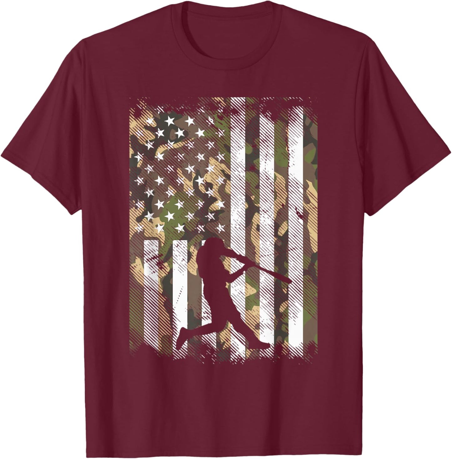 Camo Flag Baseball Player Vintage Patriotic Men Women Kids T-Shirt - T-Shirt | Maroon
