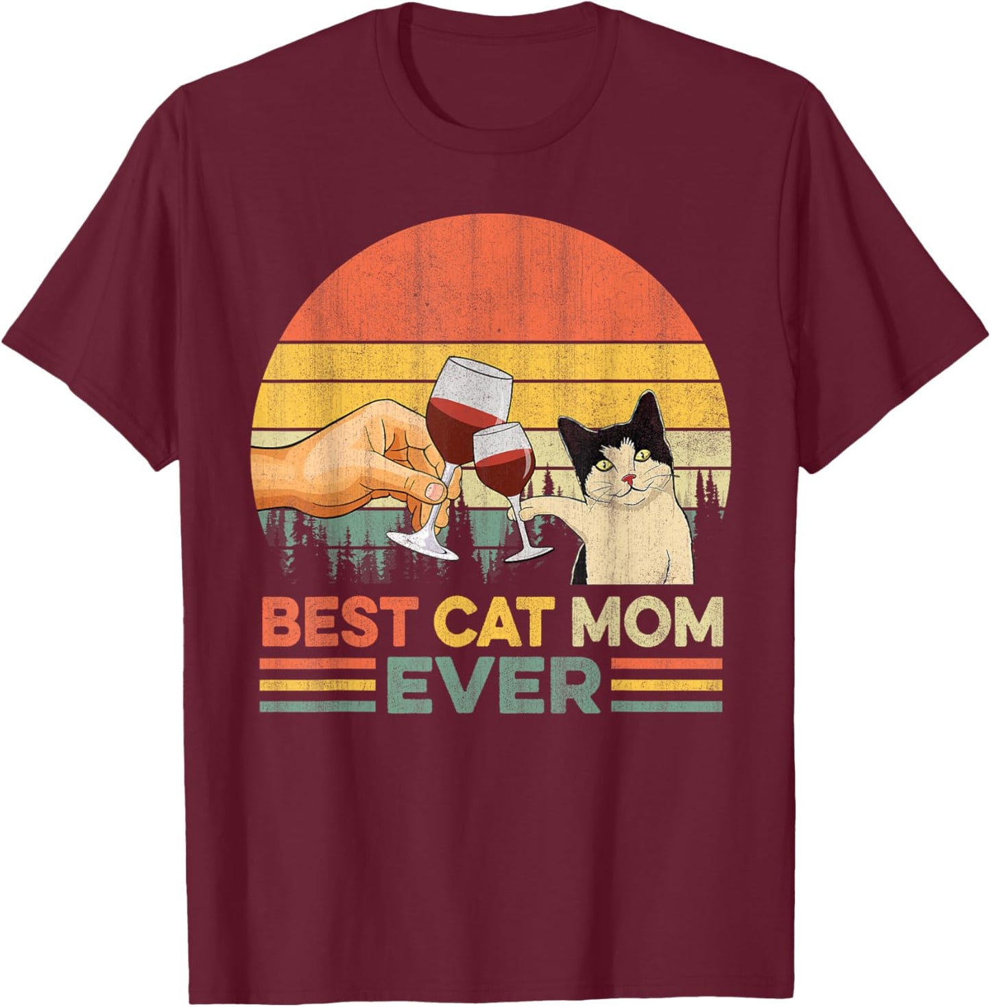 Vintage Best Cat Mom Ever Wine Drinking Women T-Shirt - T-Shirt | Maroon
