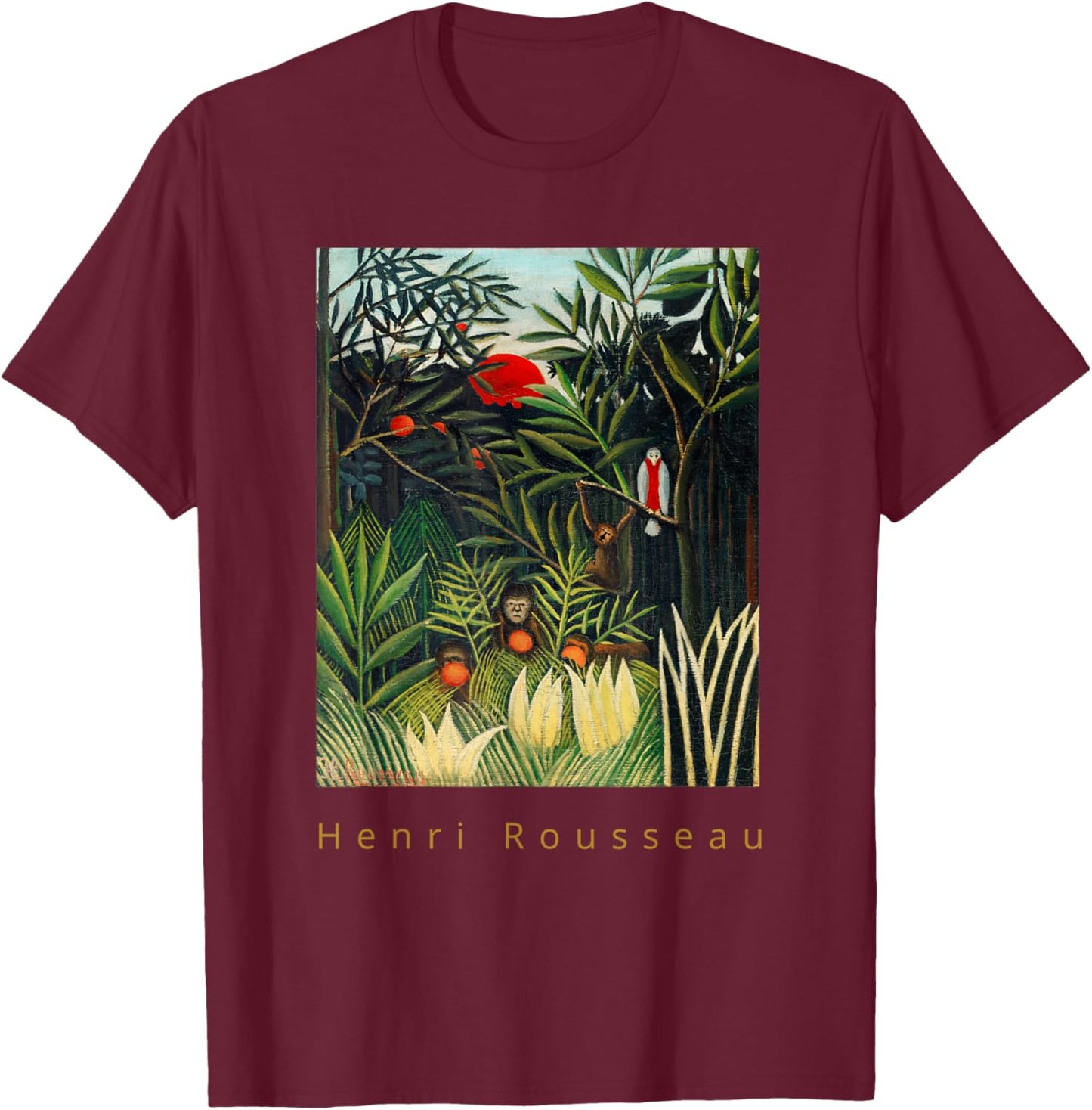Henri Rousseau Monkeys and Parrot in the Forest T-Shirt - T-Shirt | Maroon