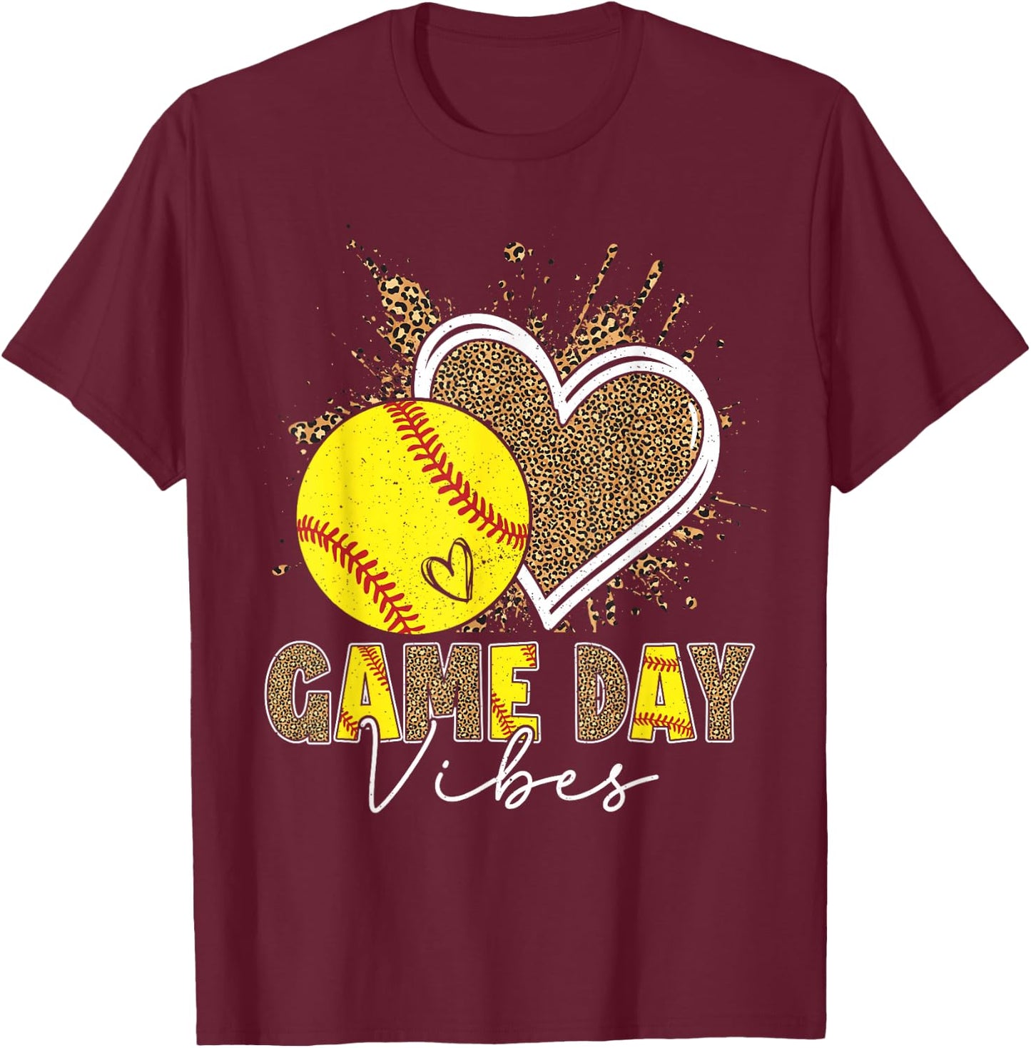 Bleached Softball Game Day Vibes Leopard Heart Headband Mom T-Shirt - T-Shirt | Maroon