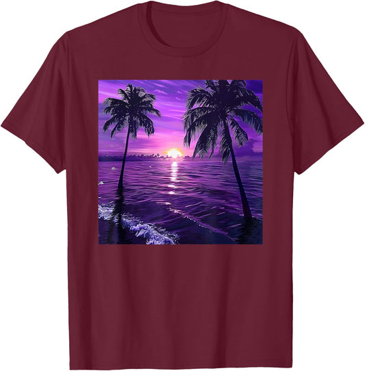 Palm Tree Ocean Sea Tropical Sunset Purple T-Shirt - T-Shirt | Maroon