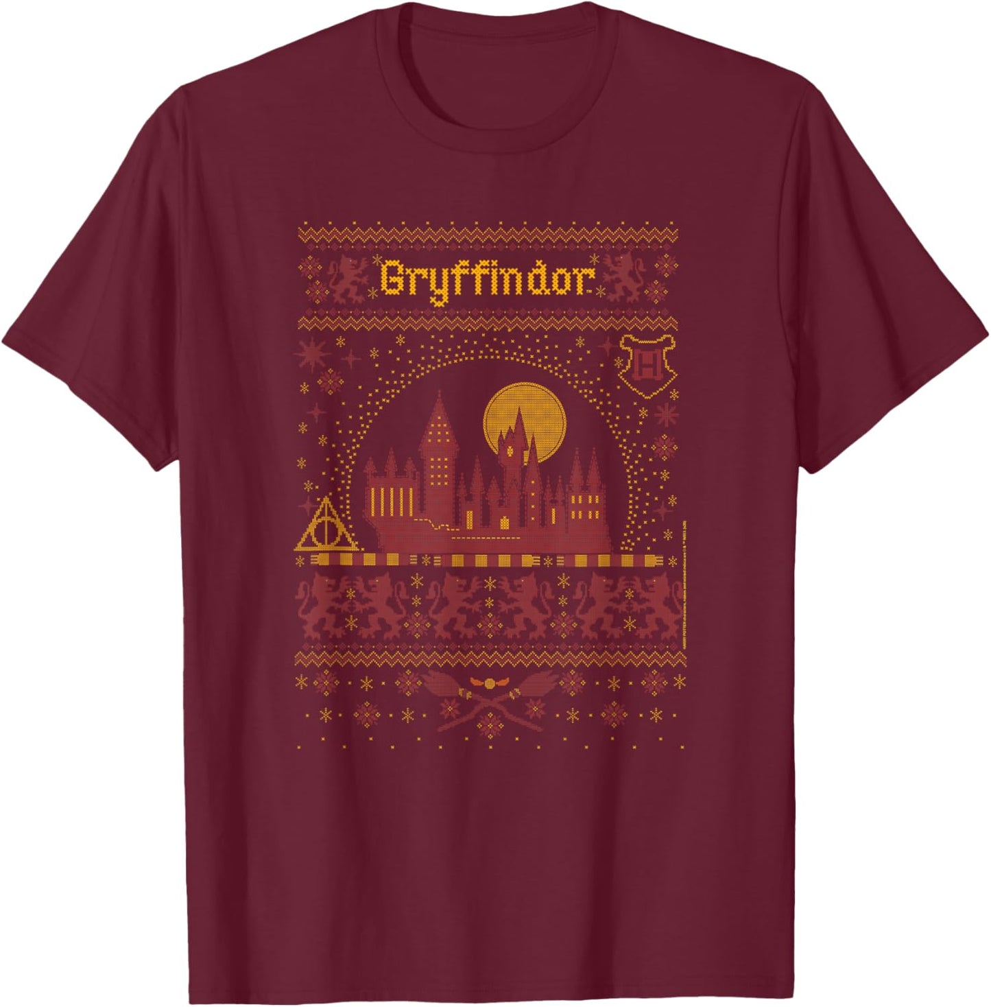 Harry Potter Gryffindor Ugly Christmas Sweater Pattern T-Shirt - T-Shirt | Maroon