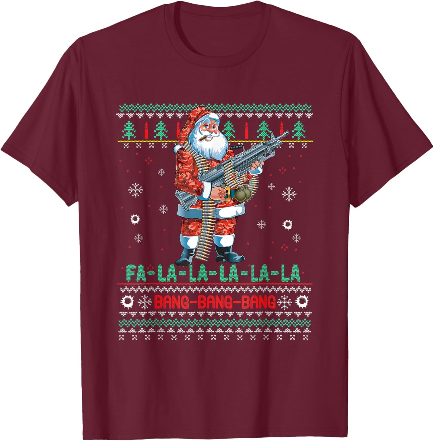 Machine Santa Claus Gun Lover Ugly Christmas Sweater T-Shirt - T-Shirt | Maroon
