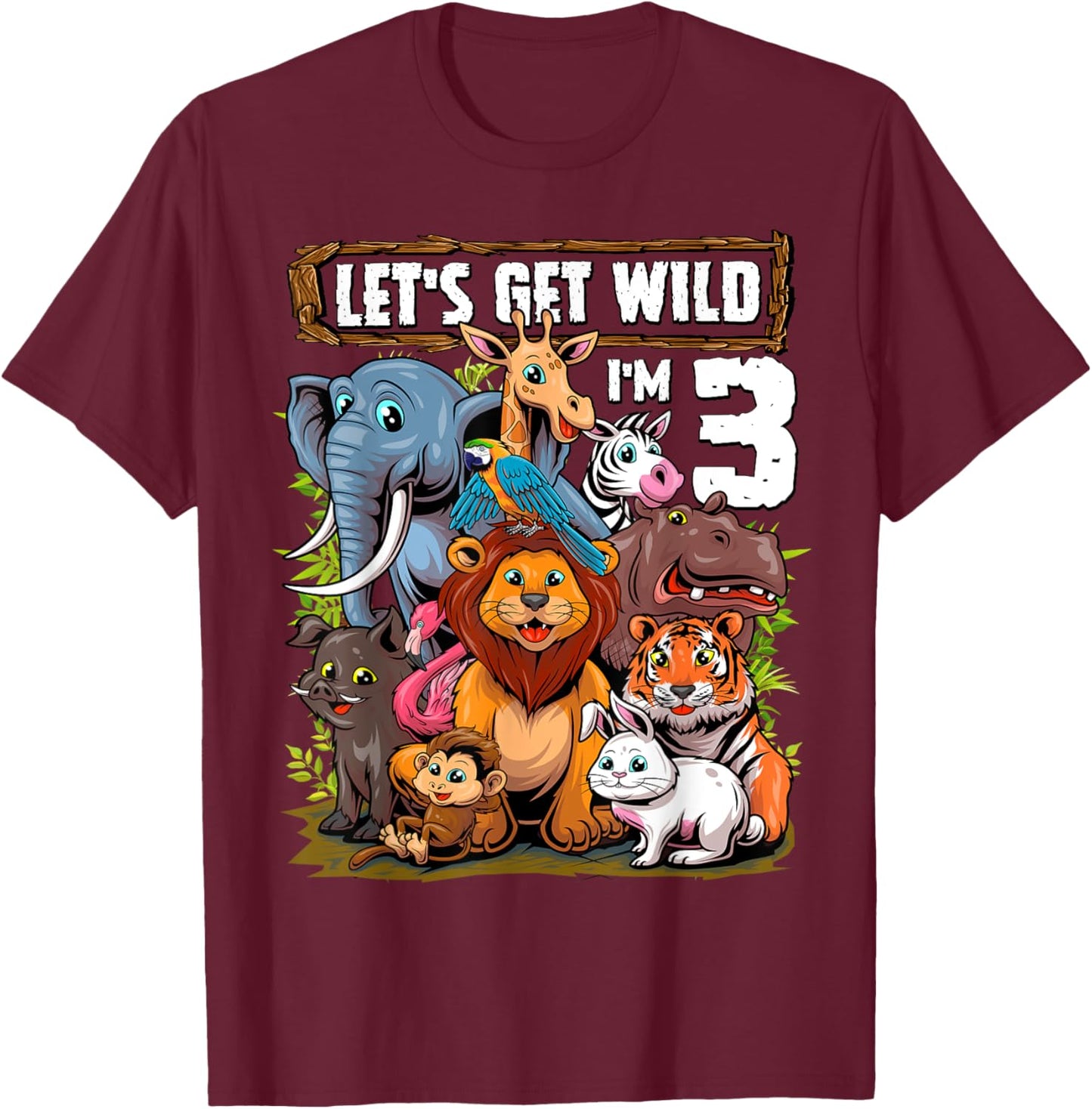 3 Year Old Zoo Birthday Safari Jungle Animals 3rd Birthday T-Shirt - T-Shirt | Maroon