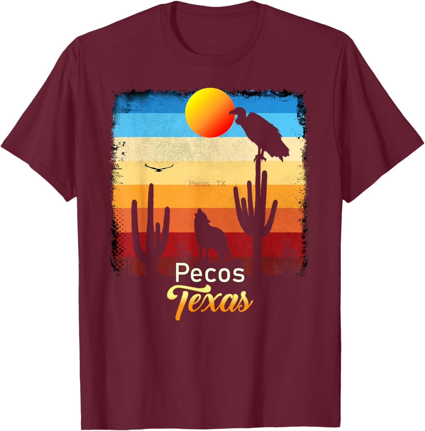 Pecos Texas Vintage Coyote Sunset Texan Desert T-Shirt - T-Shirt | Maroon