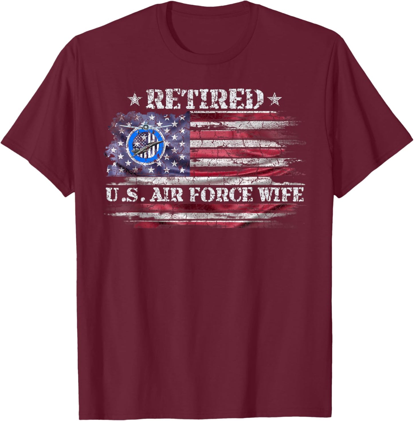 Vintage USA American Flag Proud Retired US Air Force Wife T-Shirt - T-Shirt | Maroon