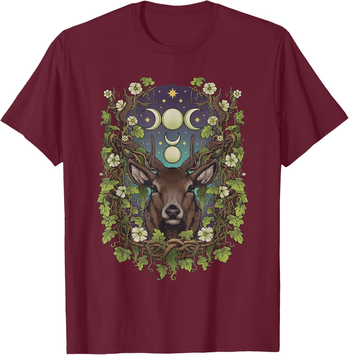 Art Nouveau Cernunnos Stag Bohemian Nature Moon Phases Wicca T-Shirt - T-Shirt | Maroon