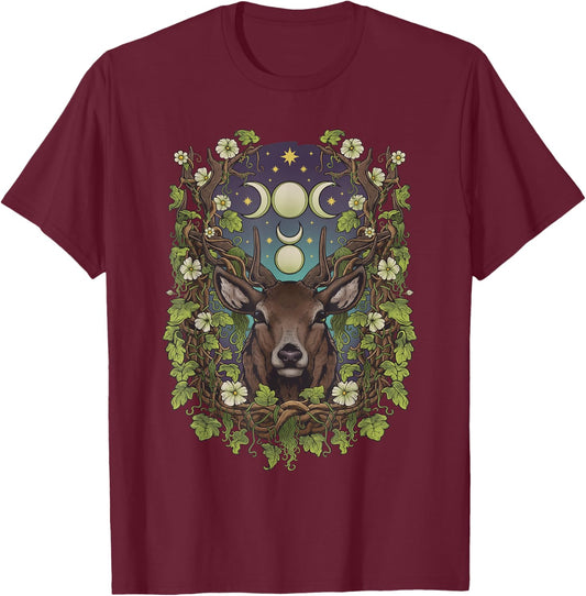 Art Nouveau Cernunnos Stag Bohemian Nature Moon Phases Wicca T-Shirt - T-Shirt | Maroon