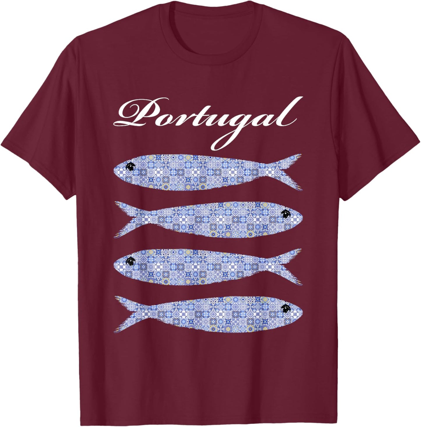 Sardine and Portuguese Tiles | Cute I Love Portugal T-Shirt - T-Shirt | Maroon