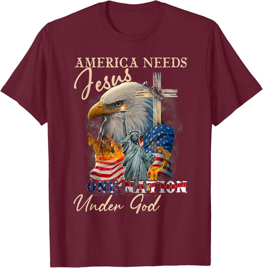 America Needs Jesus One Nation Under God Eagle Christian T-Shirt - T-Shirt | Maroon
