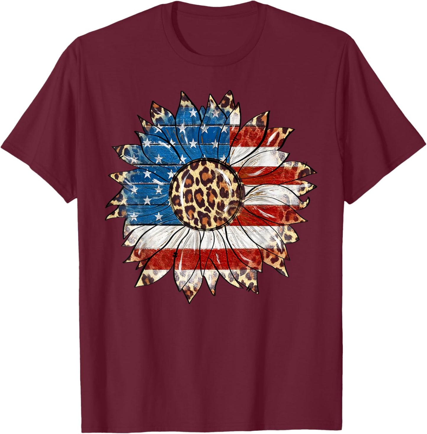 American Flag Sunflower Leopard 4th of July Patriotic T-Shirt - T-Shirt | Maroon