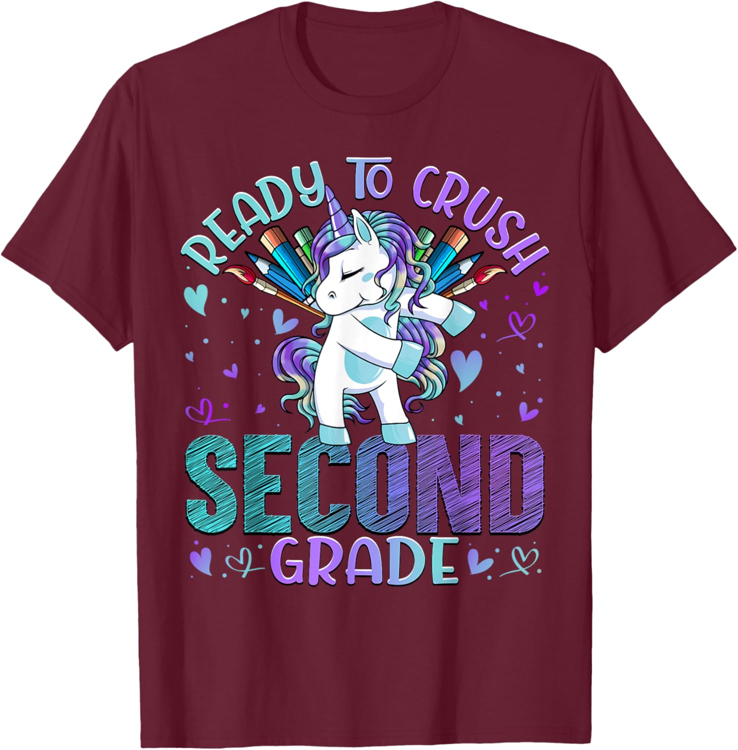 Ready to Crush Second 2nd Grade Back To School Unicorn Kids T-Shirt - T-Shirt | Maroon
