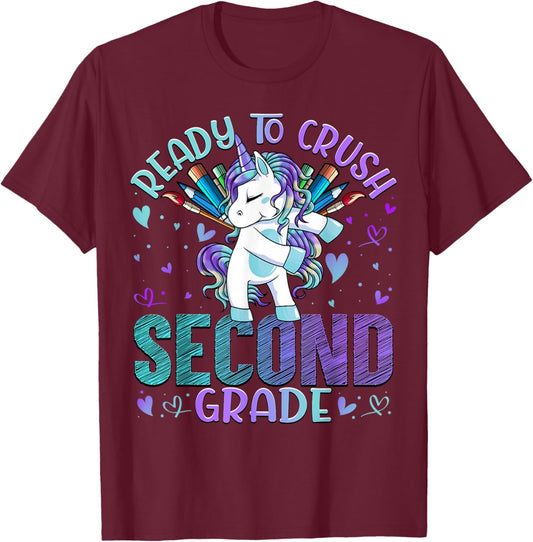 Ready to Crush Second 2nd Grade Back To School Unicorn Kids T-Shirt - T-Shirt | Maroon