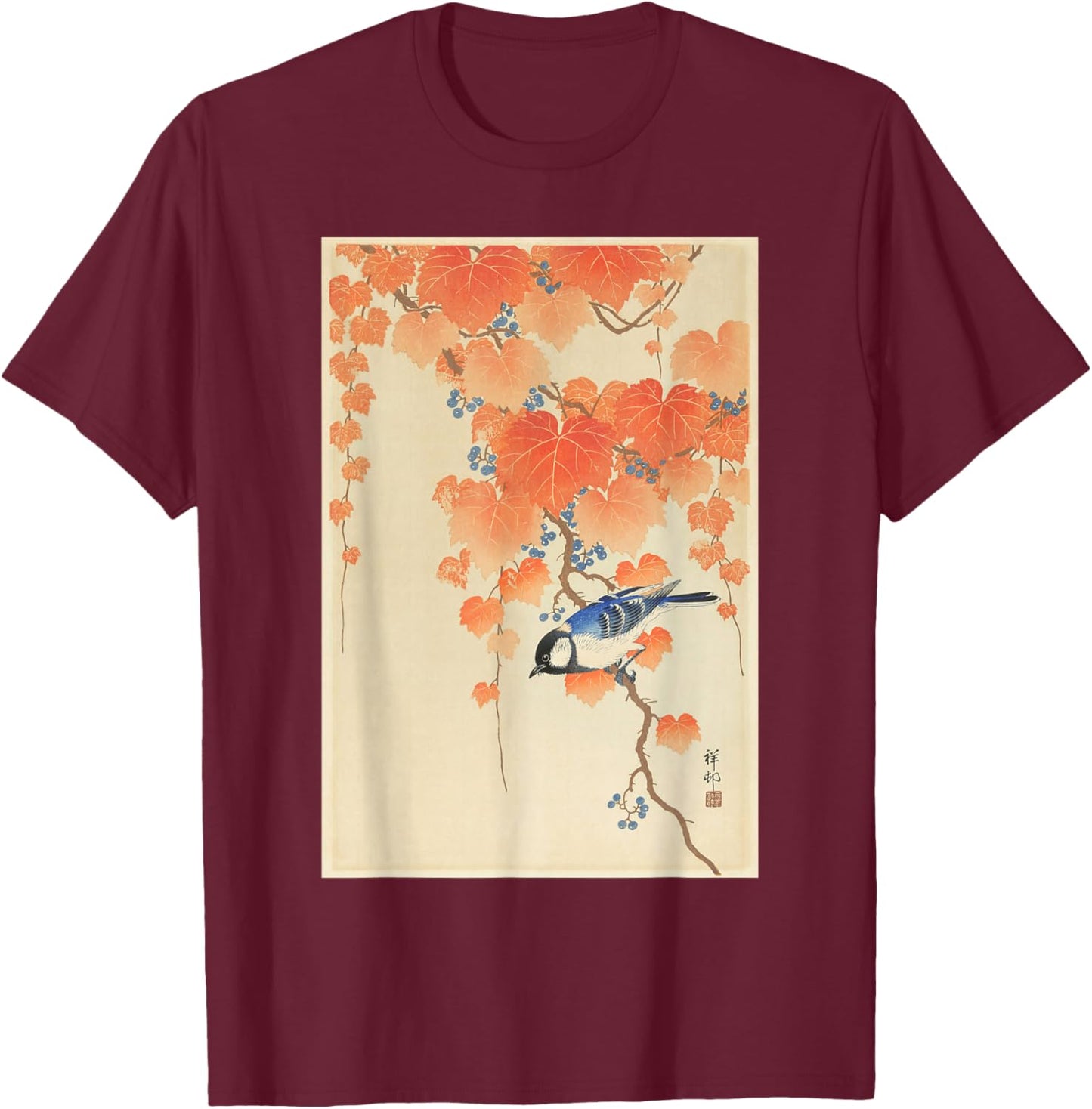 Vintage Japanese Art Naturalist Blue Song Bird Painting T-Shirt - T-Shirt | Maroon