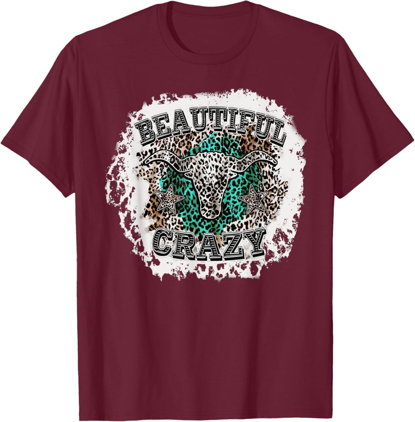 Beautiful Bull Skull Crazy Cow Skull Leopard T-Shirt - T-Shirt | Maroon