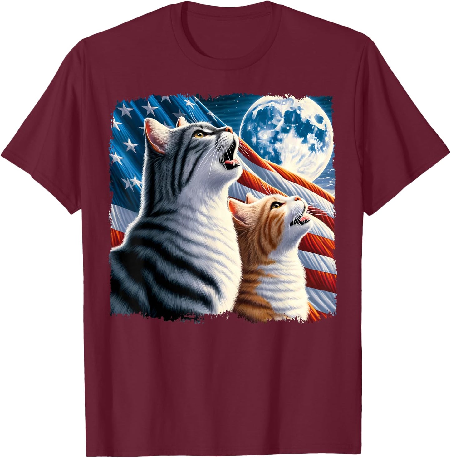 Cat 4th of July American Flag Howling Cats Under Blood Moon T-Shirt - T-Shirt | Maroon