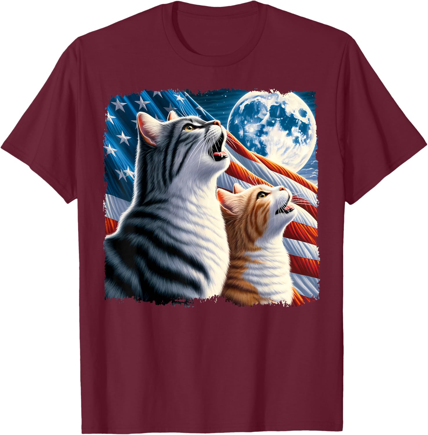 Cat 4th of July American Flag Howling Cats Under Blood Moon T-Shirt - T-Shirt | Maroon
