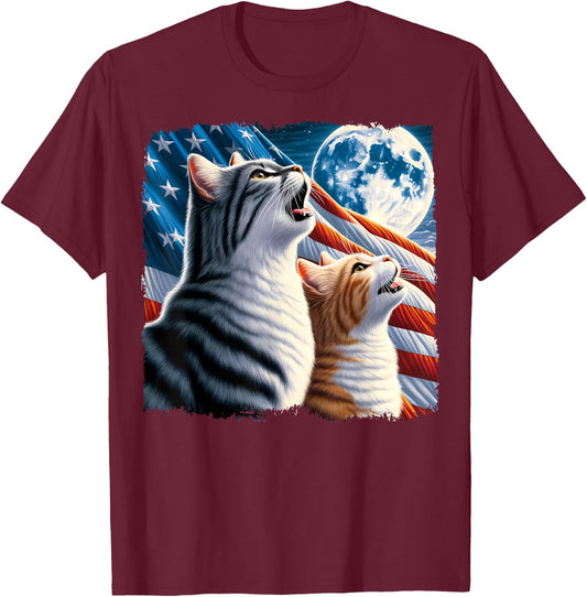 Cat 4th of July American Flag Howling Cats Under Blood Moon T-Shirt - T-Shirt | Maroon