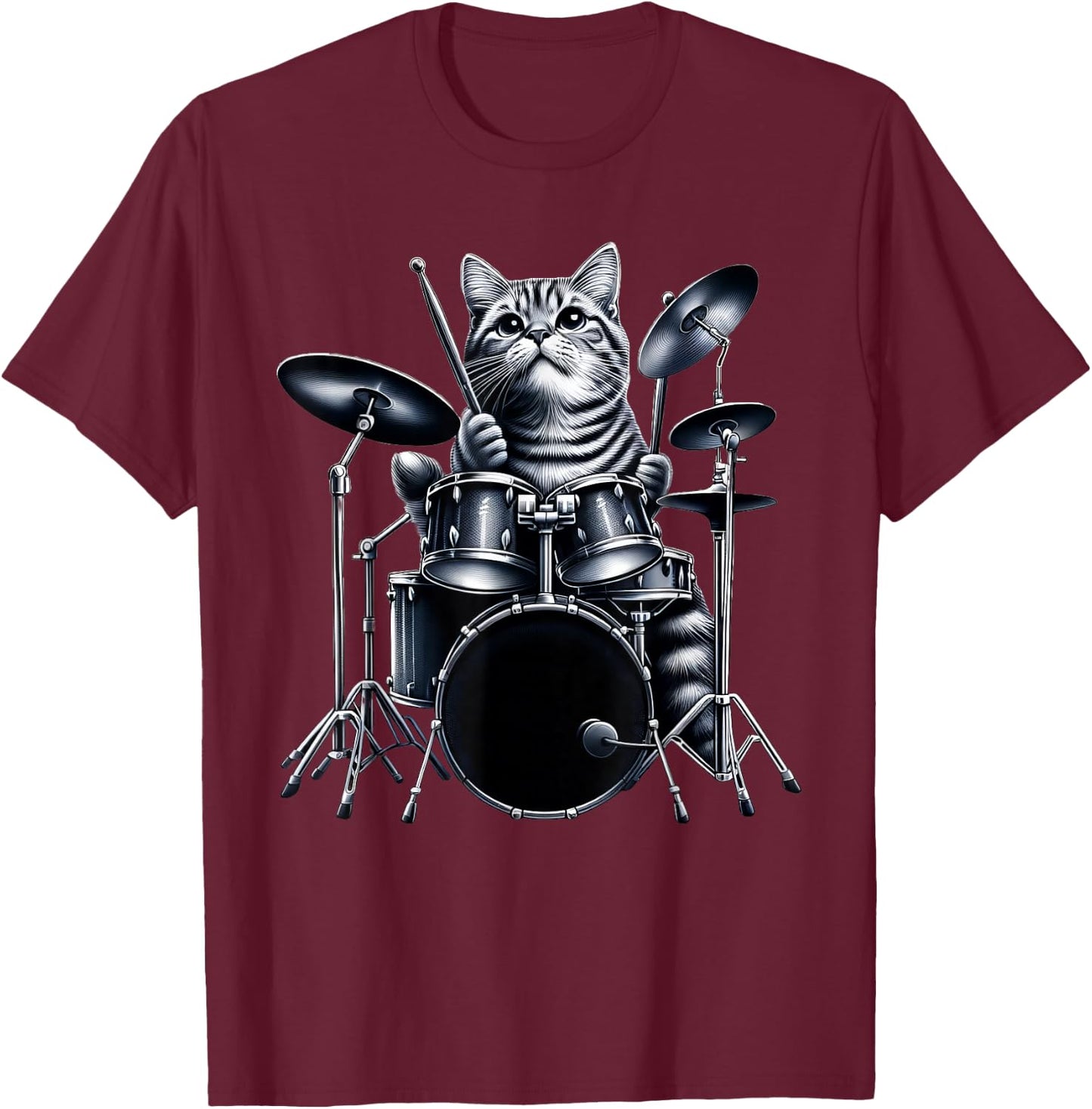 Cute Cat Playing Drums Cats Drummer Music Men Women Girls Kids T-Shirt - T-Shirt | Maroon