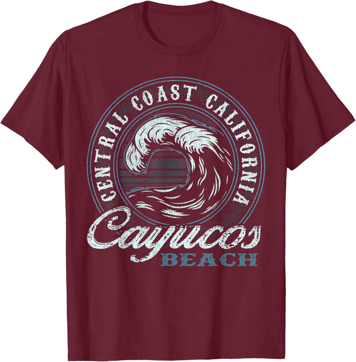 Cayucos Retro Wave Circle - Beach Gift T-Shirt - T-Shirt | Maroon