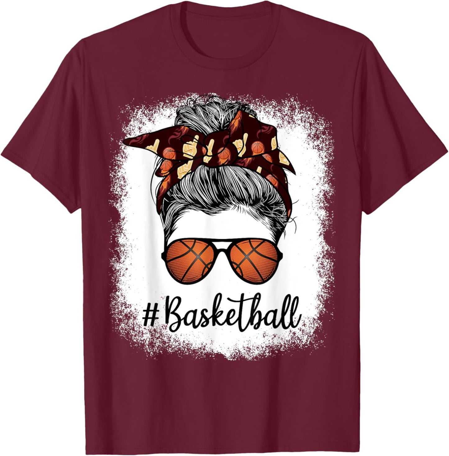 Bleached Life Basketball Mom Leopard Messy bun Glasses T-Shirt - T-Shirt | Maroon