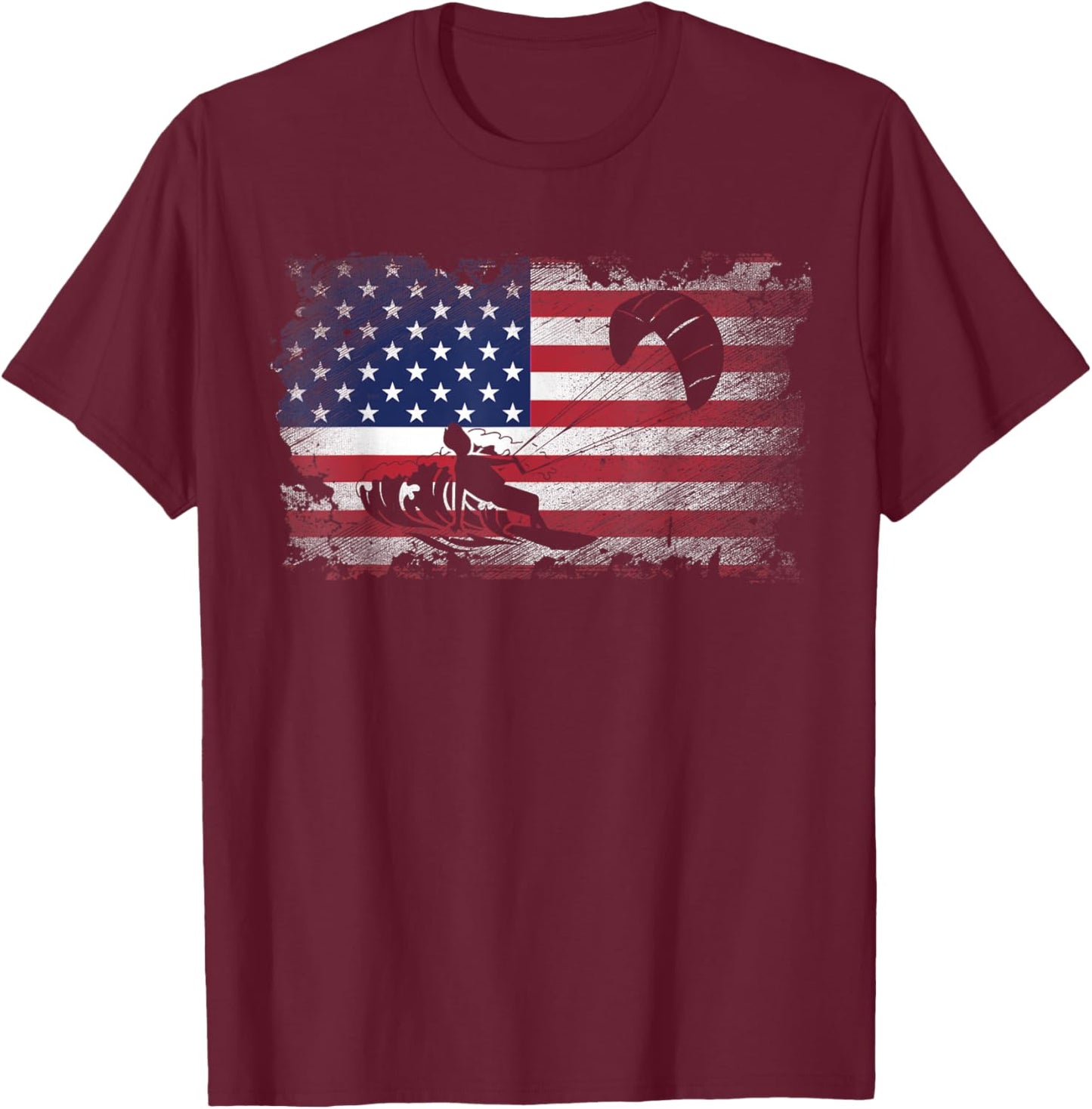 Distressed American Flag Kiteboarding USA Patriotic Gift Women Kids Men T-Shirt - T-Shirt | Maroon