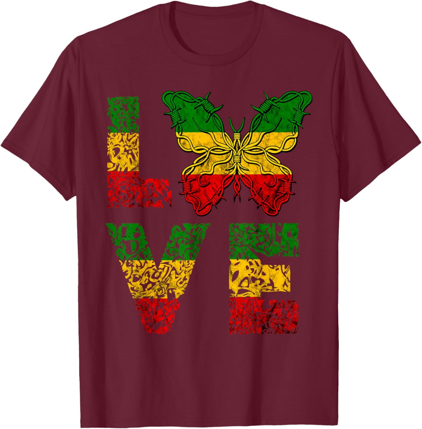Love Butterfly Reggae Rastafari Reggaeton Hippie T-Shirt - T-Shirt | Maroon